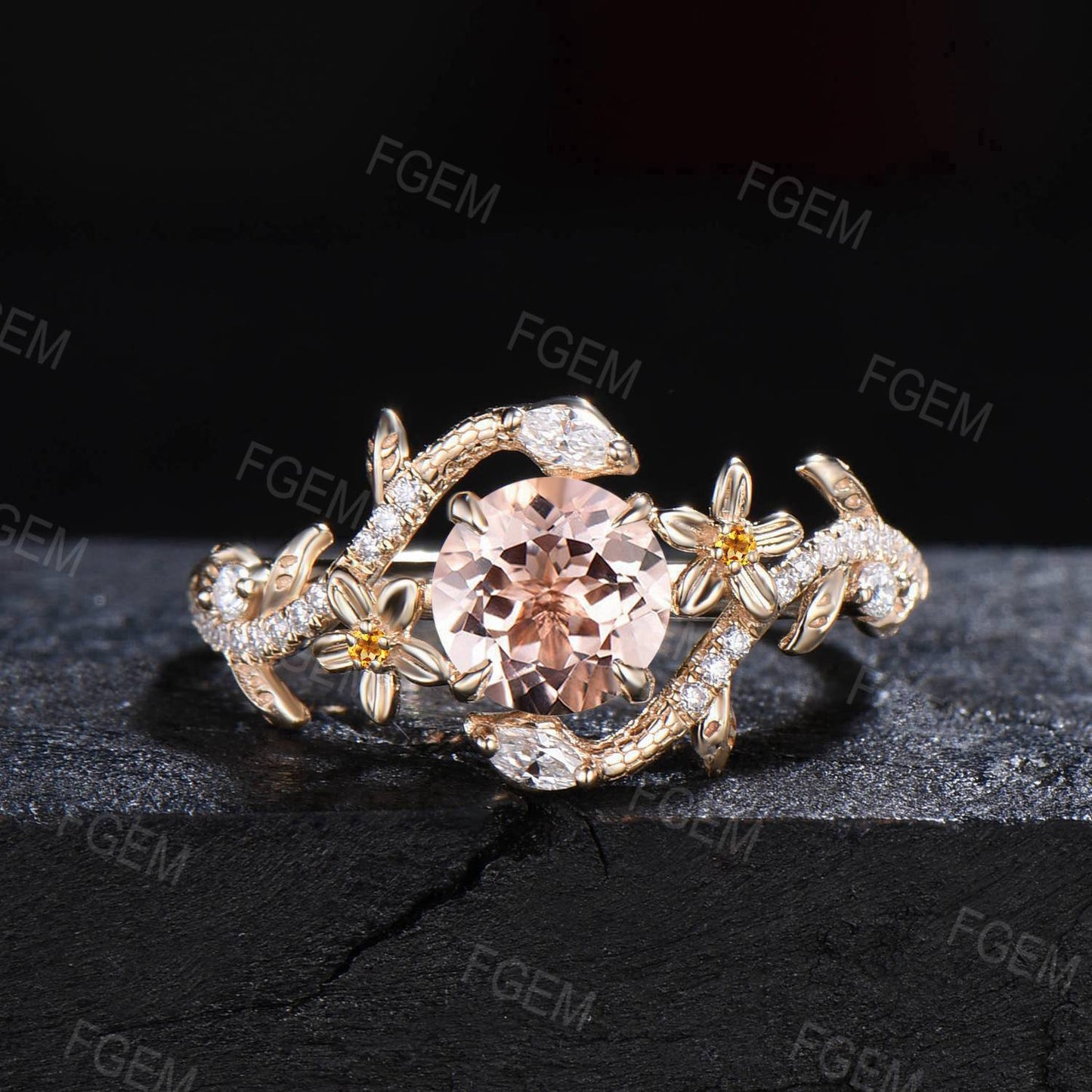 Serpent Morganite Engagement Ring Double Snake Round Natural Peach Morganite Ring Gold Citrine Flower Wedding Ring Branch Leaf Diamond Ring