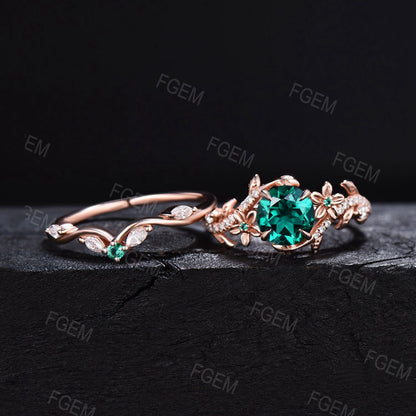 Vintage Green Emerald Engagement Ring 14k Solid Gold Round Emerald Ring Floral Diamond Bridal Ring Set Branch Leaf Ring May Birthstone Gifts