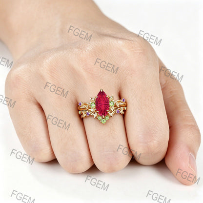 1CT Marquise Fantasy Cut Ruby Ginkgo Leaf Engagement Ring Set  Amethyst Peridot Accent Wedding Band For Women