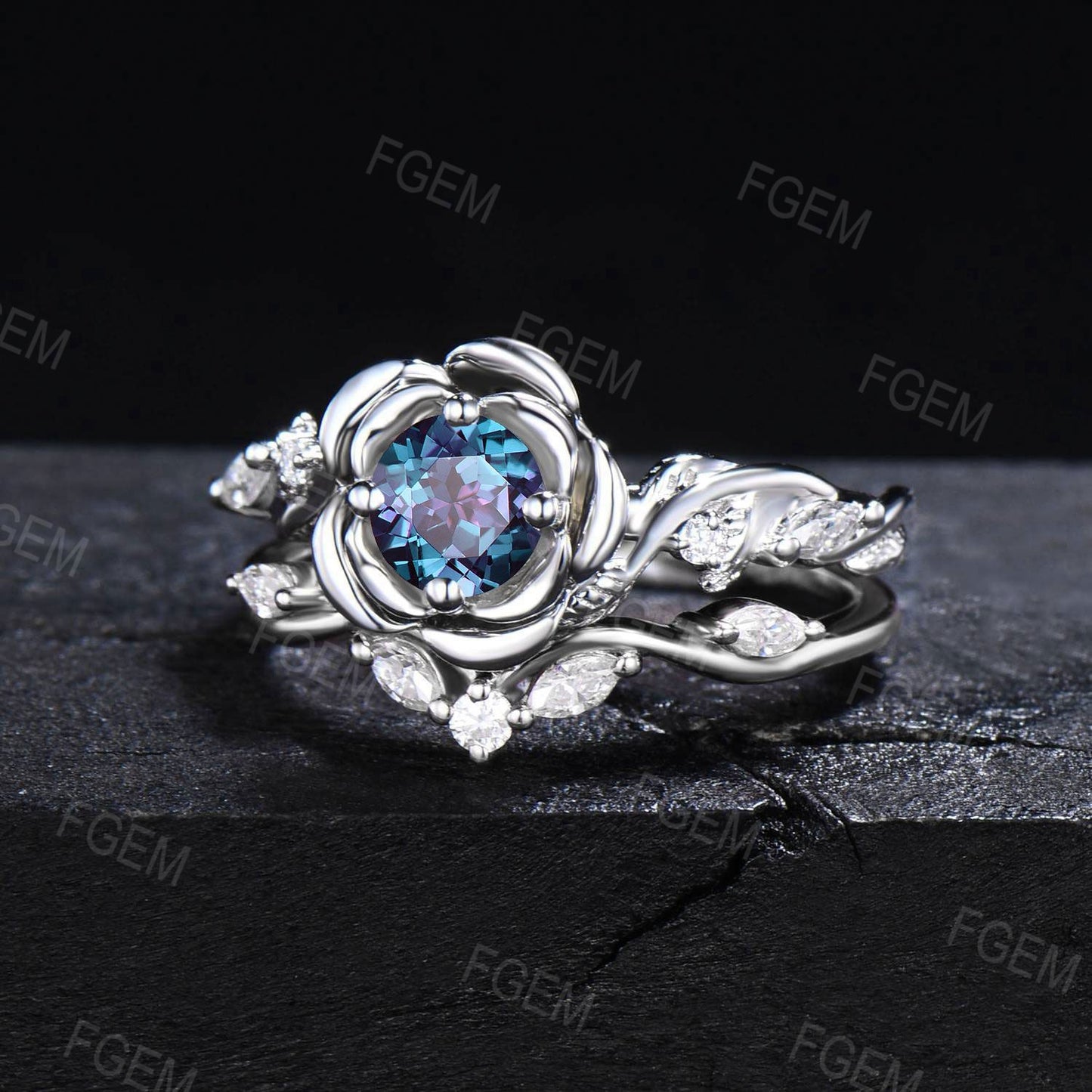 Floral Round Alexandrite Engagement Ring Set Branch Leaf Moissanite Bridal Set Rose Flower Gemstone Ring June Birthstone Promise Ring Gift