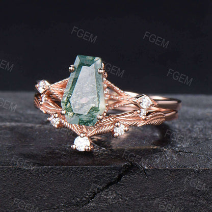 Unique Coffin Natural Moss Agate Gothic Ring Set Vintage Leaf Art Deco Engagement Ring