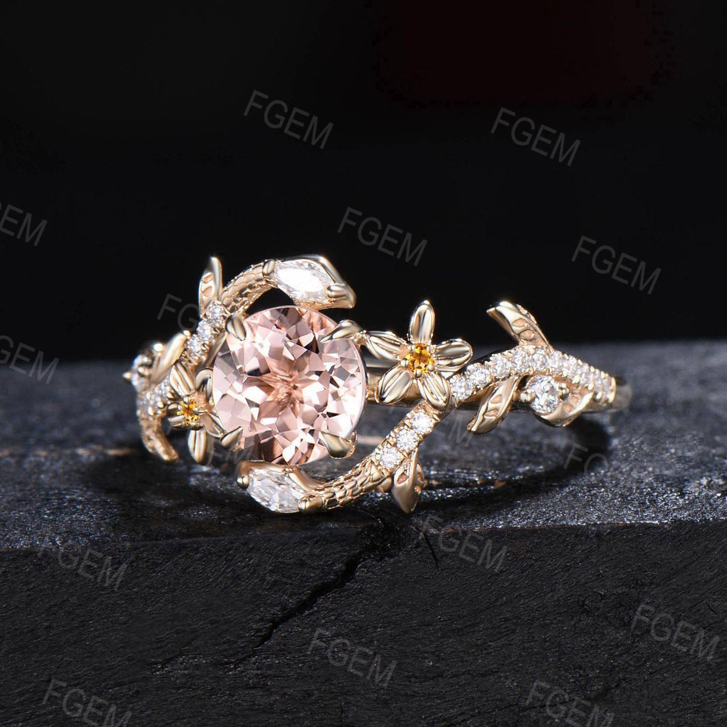 Serpent Morganite Engagement Ring Double Snake Round Natural Peach Morganite Ring Gold Citrine Flower Wedding Ring Branch Leaf Diamond Ring