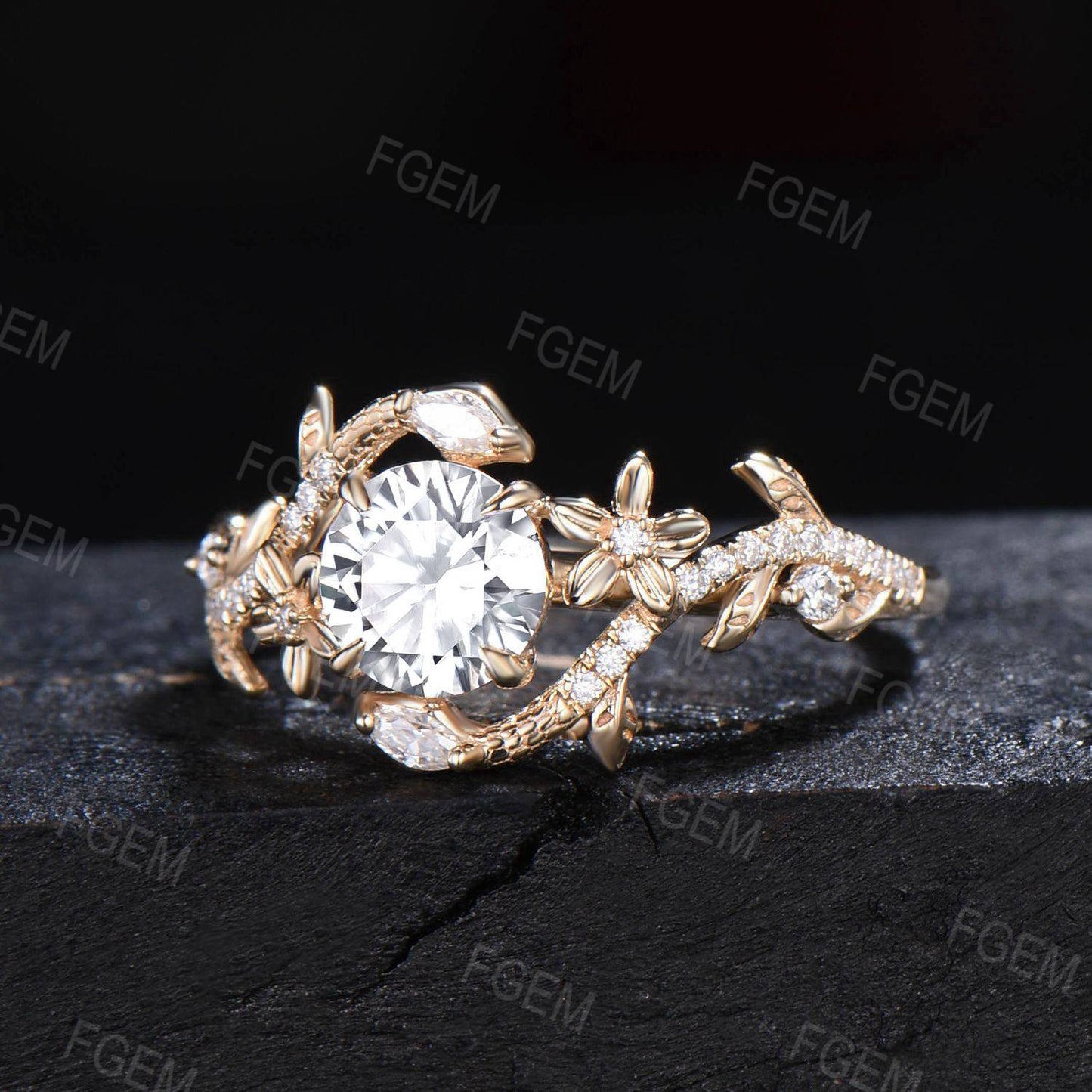 Gold Snake Ring 1ct Floral Round Moissanite Engagement Ring Nature Style Leaf Vine Moissanite Wedding Ring Antique Serpent Ring Promise Gift