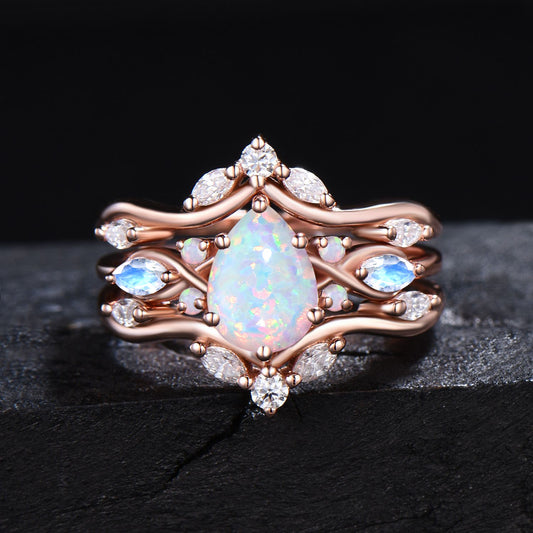 Enhancer Guard Opal Engagement Ring Vintage Teardrop White Opal Bridal Set Moissanite Ring Jacket Unique October Birthstone Proposal Gift