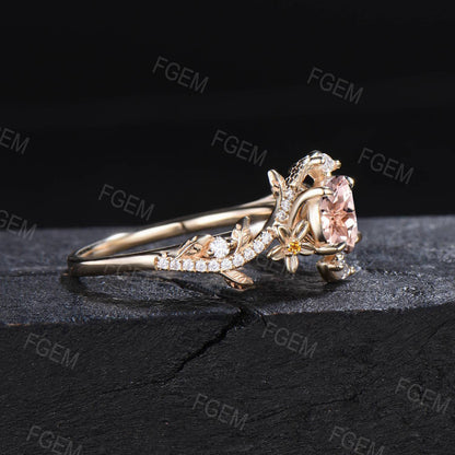 Serpent Morganite Engagement Ring Double Snake Round Natural Peach Morganite Ring Gold Citrine Flower Wedding Ring Branch Leaf Diamond Ring