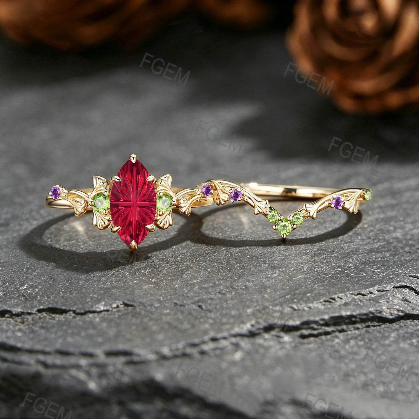 1CT Marquise Fantasy Cut Ruby Ginkgo Leaf Engagement Ring Set  Amethyst Peridot Accent Wedding Band For Women