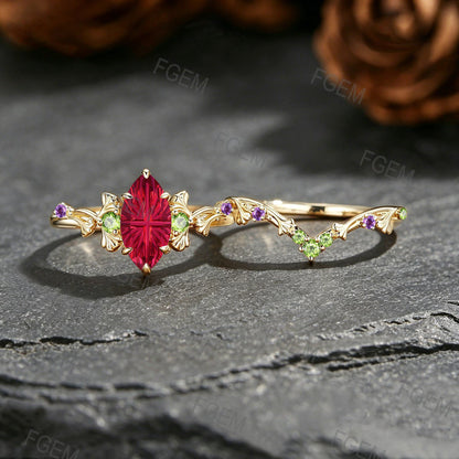 1CT Marquise Fantasy Cut Ruby Ginkgo Leaf Engagement Ring Set  Amethyst Peridot Accent Wedding Band For Women