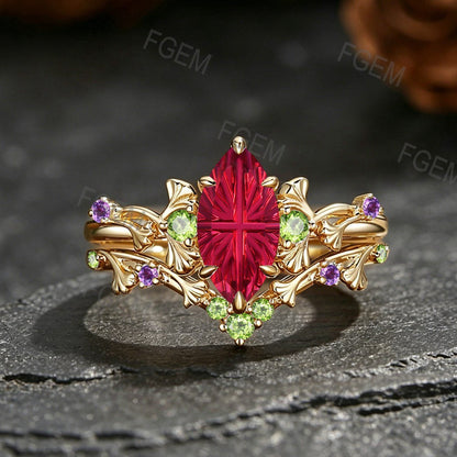 1CT Marquise Fantasy Cut Ruby Ginkgo Leaf Engagement Ring Set  Amethyst Peridot Accent Wedding Band For Women
