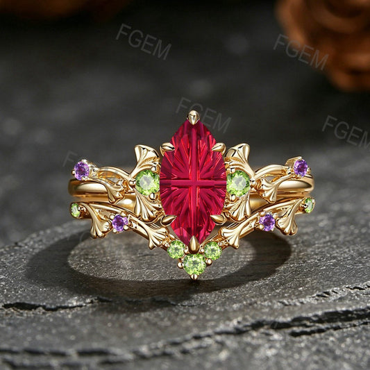 1CT Marquise Fantasy Cut Ruby Ginkgo Leaf Engagement Ring Set  Amethyst Peridot Accent Wedding Band For Women
