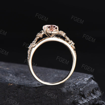 Serpent Morganite Engagement Ring Double Snake Round Natural Peach Morganite Ring Gold Citrine Flower Wedding Ring Branch Leaf Diamond Ring