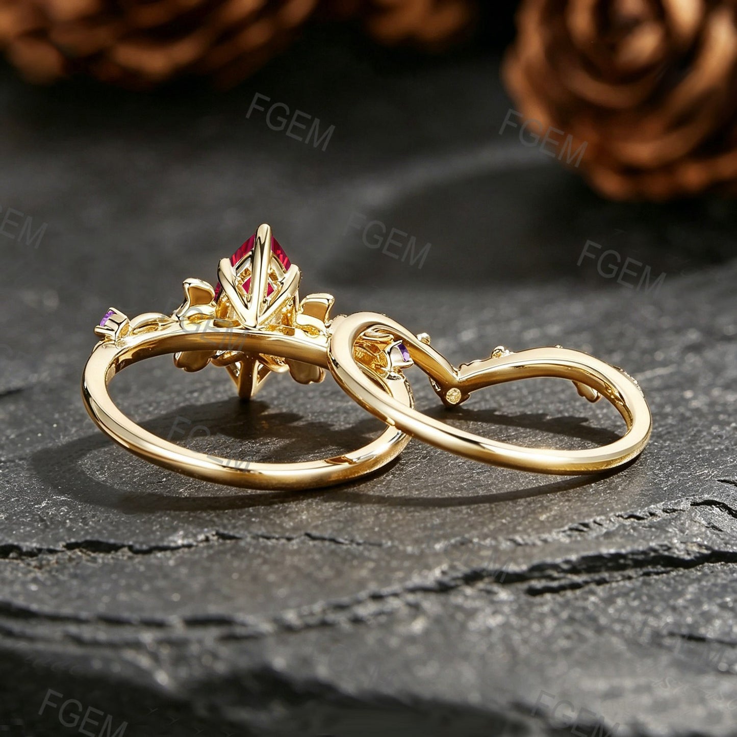 1CT Marquise Fantasy Cut Ruby Ginkgo Leaf Engagement Ring Set  Amethyst Peridot Accent Wedding Band For Women