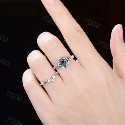 Floral Round Alexandrite Engagement Ring Set Branch Leaf Moissanite Bridal Set Rose Flower Gemstone Ring June Birthstone Promise Ring Gift