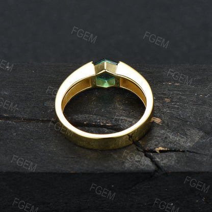 4mm Mens Gold Wedding Ring 14K Yellow Gold Hexagon Cut Emerald Wedding Band Flush Blue Sandstone Mens Wedding Band Anniversary Gift for Men