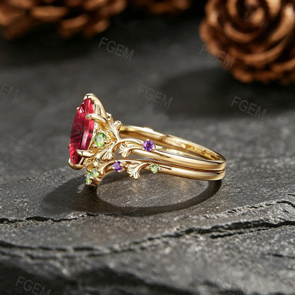 1CT Marquise Fantasy Cut Ruby Ginkgo Leaf Engagement Ring Set  Amethyst Peridot Accent Wedding Band For Women