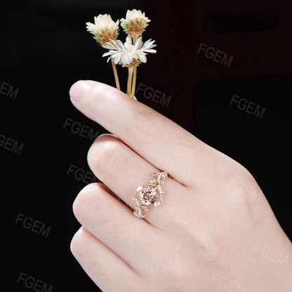 Serpent Morganite Engagement Ring Double Snake Round Natural Peach Morganite Ring Gold Citrine Flower Wedding Ring Branch Leaf Diamond Ring