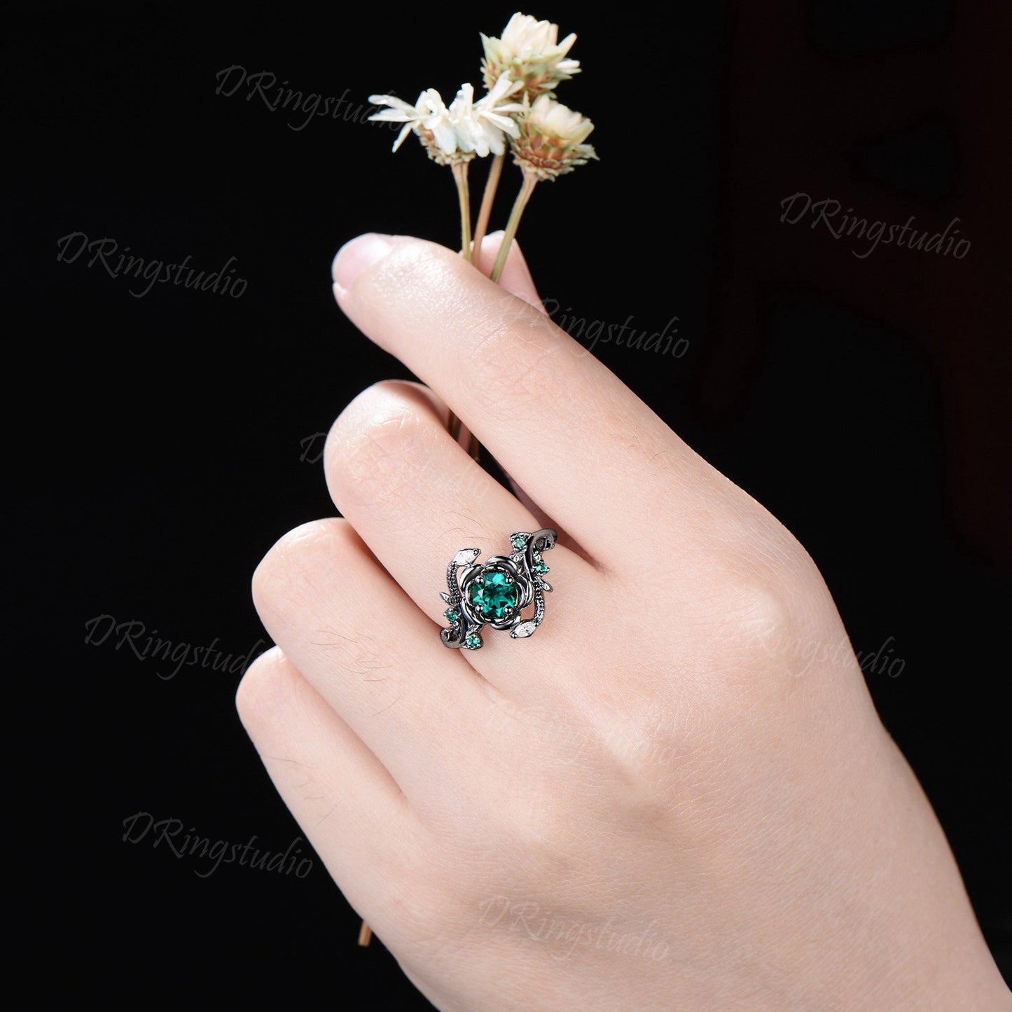 Gold Snake Ring 5mm Round Emerald Engagement Ring Nature Style Twig Leaf Emerald Moissanite Serpent Wedding Ring May Birthstone Women Gifts