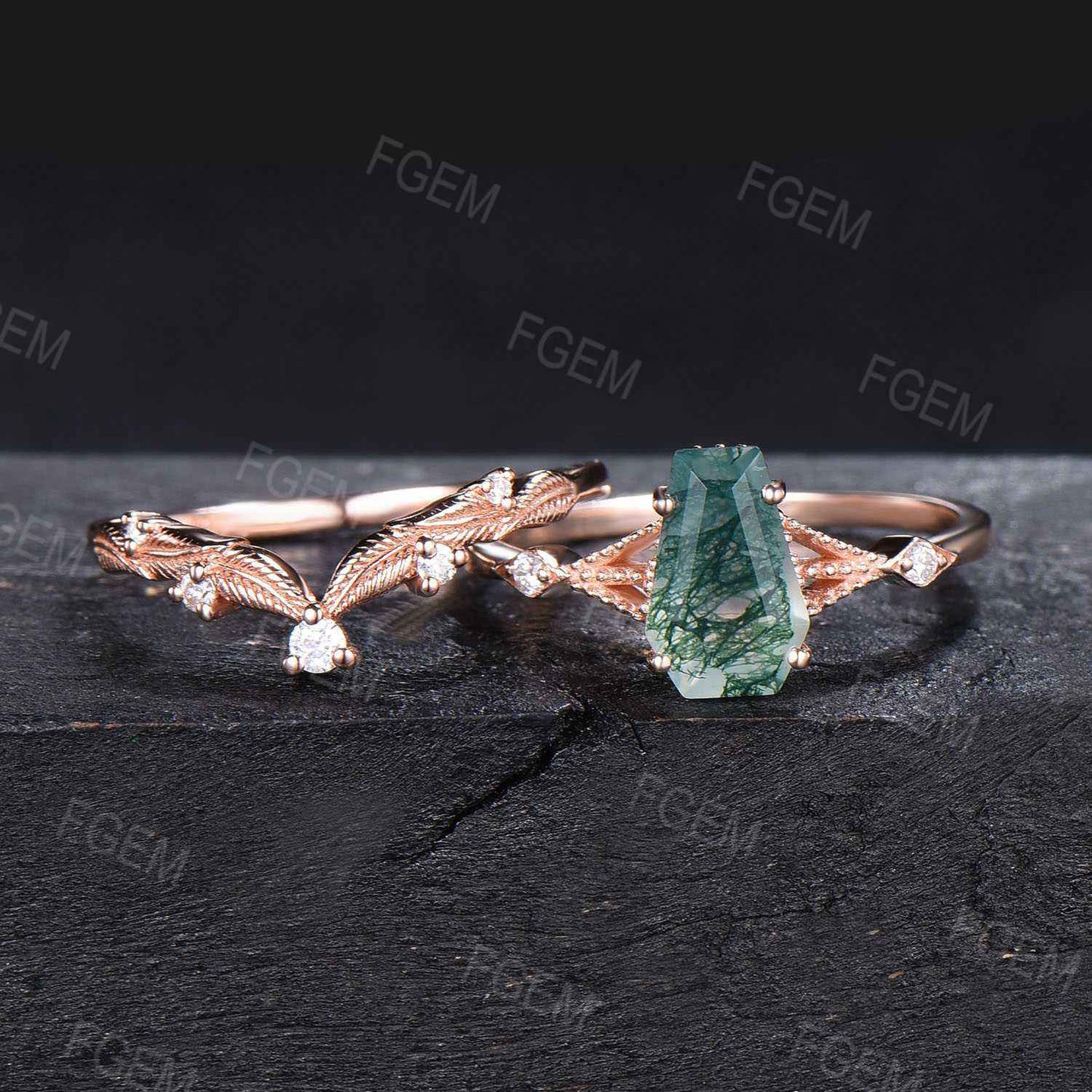 Unique Coffin Natural Moss Agate Gothic Ring Set Vintage Leaf Art Deco Engagement Ring