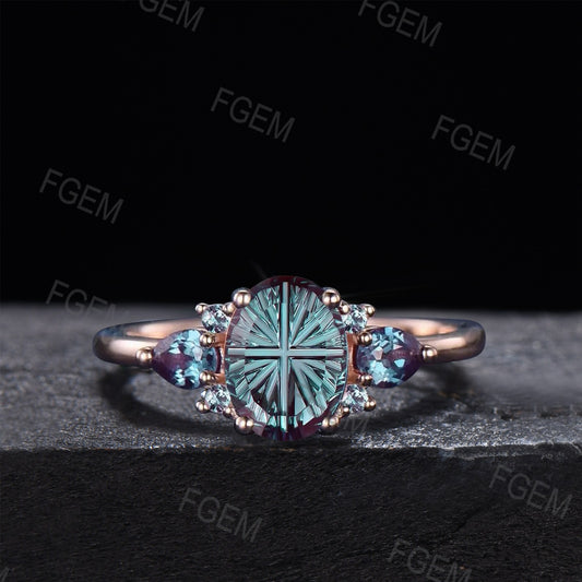 1.5CT Fantasy Cut Color Change Alexandrite Ring Black Gold Gothic Engagement Ring Vintage Fireworks Cut Oval Alexandrite Wedding Ring Women