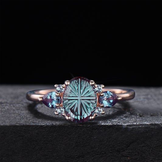 1.5CT Fantasy Cut Color Change Alexandrite Ring Black Gold Gothic Engagement Ring Vintage Fireworks Cut Oval Alexandrite Wedding Ring Women