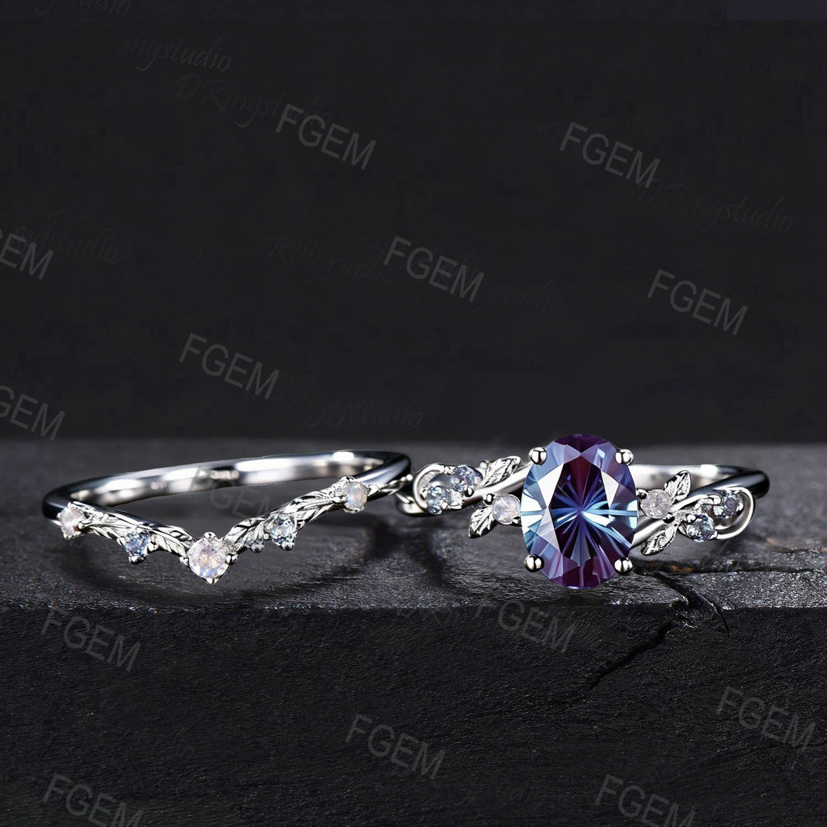 Fireworks Cut Alexandrite Oval Engagement Ring Set Vine Leaf White Gold Nature Inspired Moonstone Bridal Wedding Ring Set June Birthstone