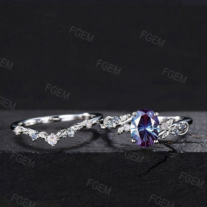 Fireworks Cut Alexandrite Oval Engagement Ring Set Vine Leaf White Gold Nature Inspired Moonstone Bridal Wedding Ring Set June Birthstone