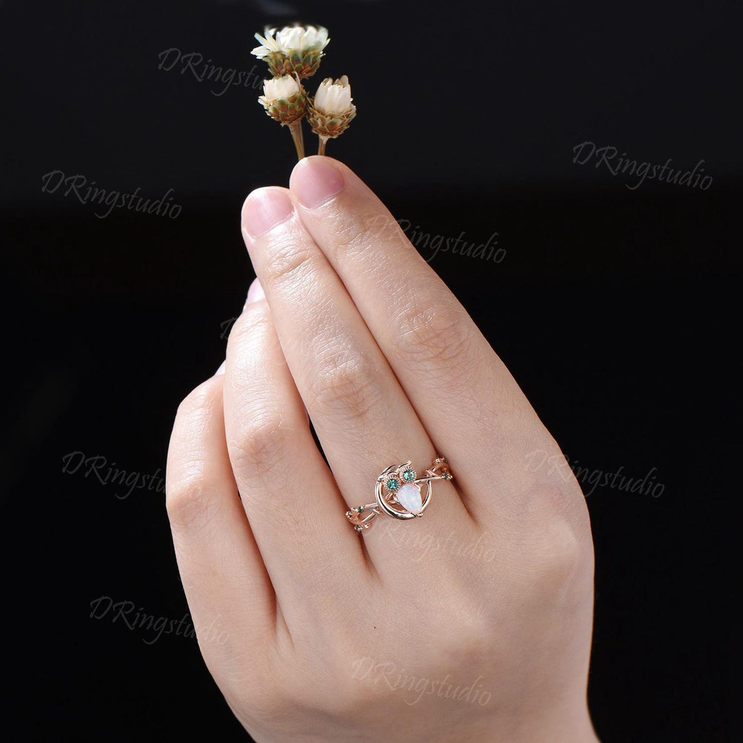 Nature Inspired Pear Cut White Opal Ring Cute Owl Engagement Ring Set Vintage Unique Crescent Moon Wedding Ring Green Emerald Wedding Ring