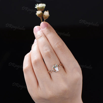 Nature Inspired Pear Cut White Opal Ring Cute Owl Engagement Ring Set Vintage Unique Crescent Moon Wedding Ring Green Emerald Wedding Ring