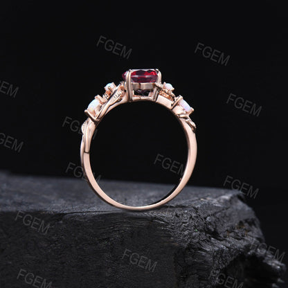 Unique Twig Leaf Natural Garnet Ring Rose Gold Opal Ring Vintage Kite Cut Garnet Engagement Ring January Birthstone Jewelry Anniversary Gift