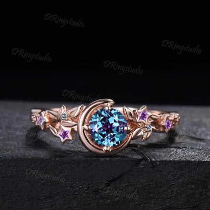 Gothic Black Vine Alexandrite Engagement Ring Celestial Moon Round Alexandrite Wedding Ring Set Black Gold Twig Ring Proposal Gift for Women