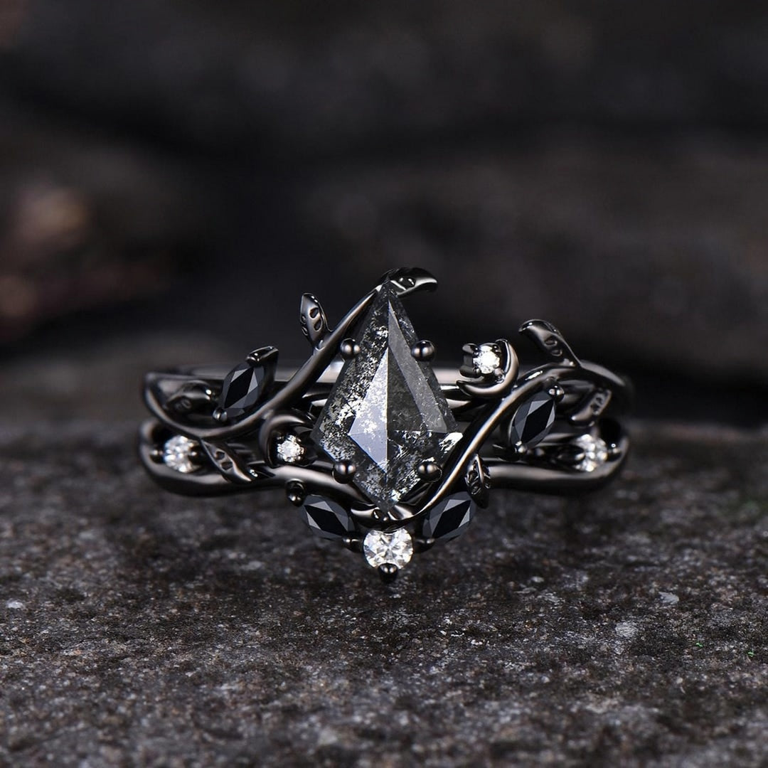 Nature Inspired Natural Salt And Pepper Diamond Kite Cut Bridal Wedding Ring Set 14k Black Gold Gothic Branch Moon Unique Engagement Jewelry