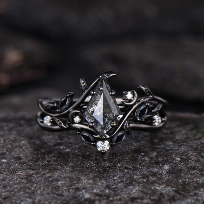 Nature Inspired Natural Salt And Pepper Diamond Kite Cut Bridal Wedding Ring Set 14k Black Gold Gothic Branch Moon Unique Engagement Jewelry
