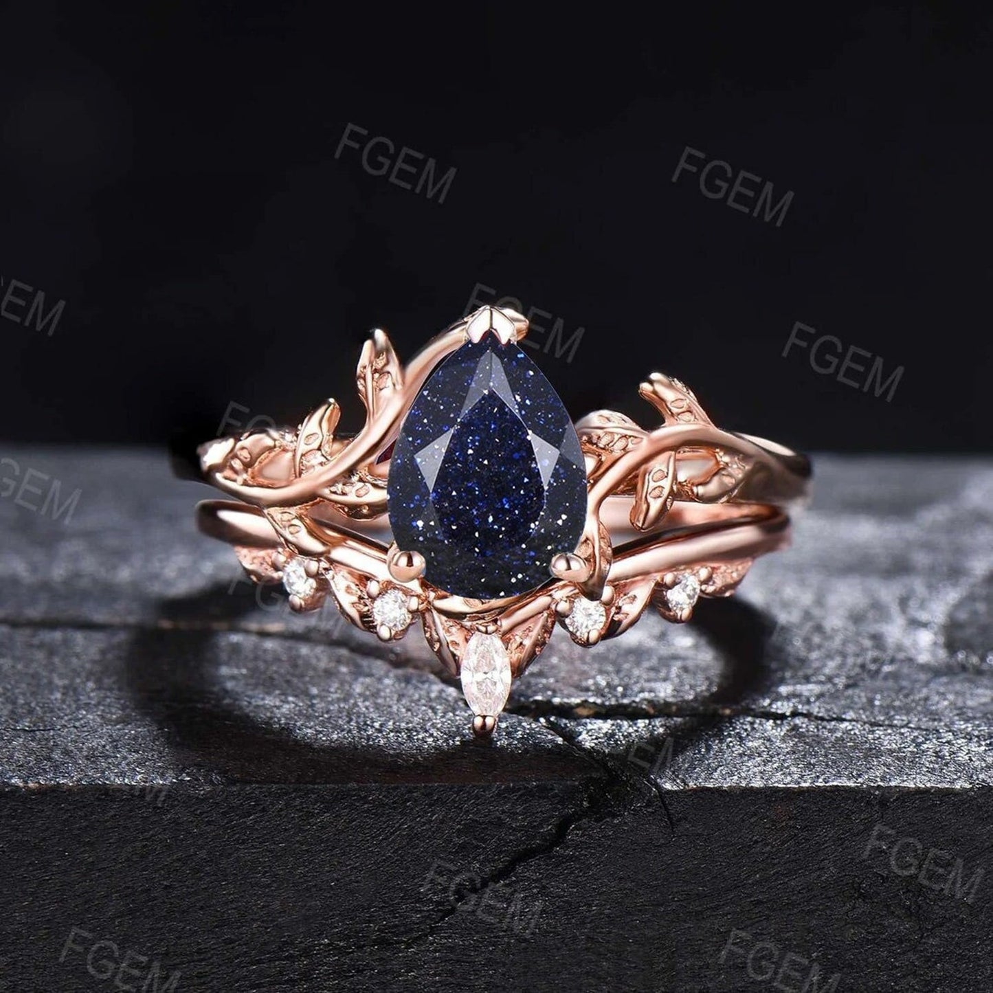 1.25ct Pear Galaxy Blue Sandstone Ring Set Nature Inspired Engagement Ring Leaf Vine Branch Solitaire Ring Women Wedding Anniversary Gifts