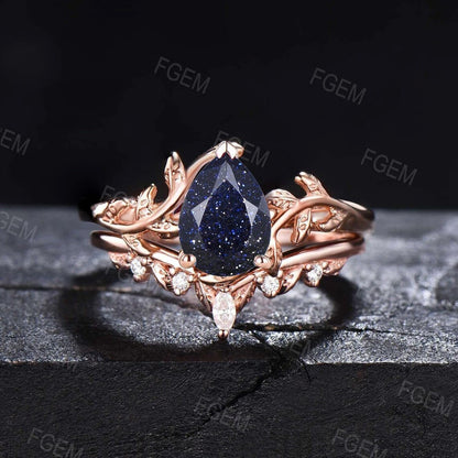 1.25ct Pear Galaxy Blue Sandstone Ring Set Nature Inspired Engagement Ring Leaf Vine Branch Solitaire Ring Women Wedding Anniversary Gifts