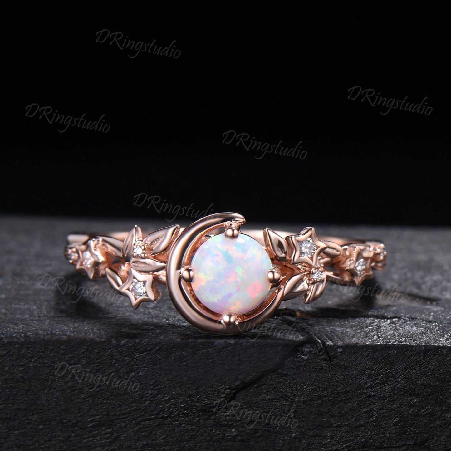 Nature Inspired Round White Opal Bridal Ring Set Moissanite Cluster Moon Star Rose Gold Engagement Ring Leaf Vine Crescent Moon Ring for Her