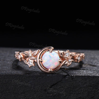Nature Inspired Round White Opal Bridal Ring Set Moissanite Cluster Moon Star Rose Gold Engagement Ring Leaf Vine Crescent Moon Ring for Her