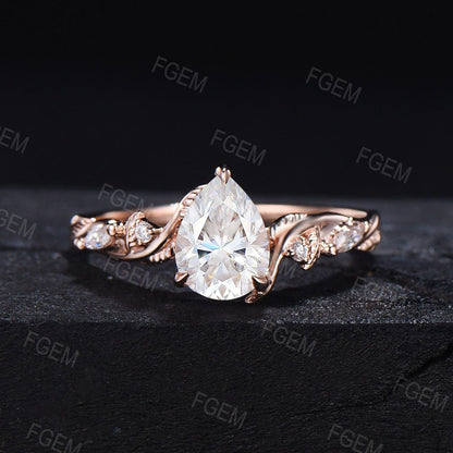 Vintage Pear Cut Diamond Engagement Ring Set 1.25 CTW Lab Grown Diamond IGI Certificate Wedding Ring for Women Unique Nature Inspired Diamond Ring