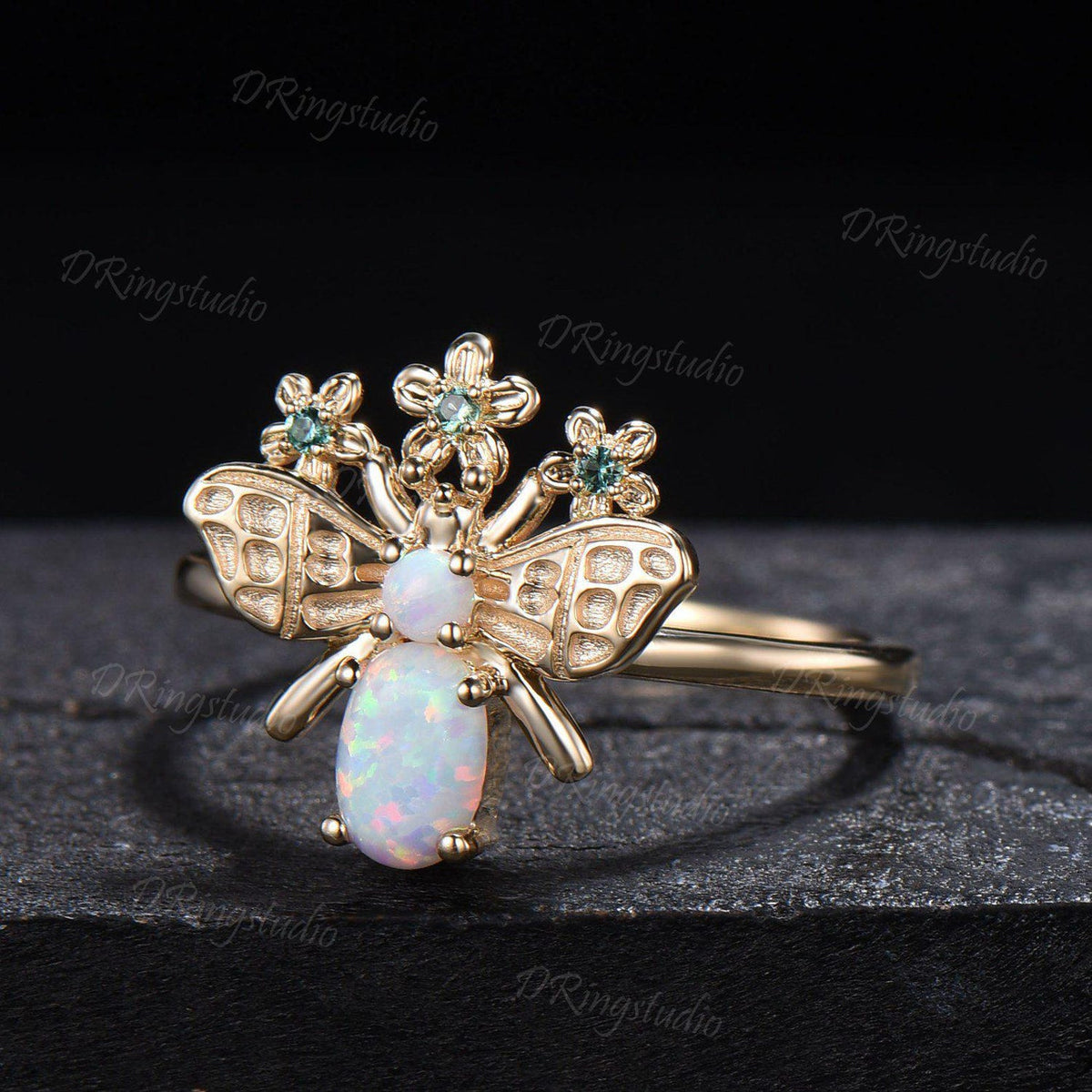 Oval White Opal Ring Handcrafted Honey Bee Opal Wedding Ring Green Emerald Floral Jewelry Women Personalized Anniversary Promise Ring Gifts