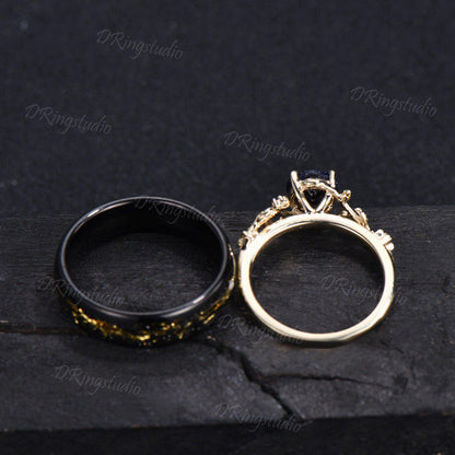 Starry Sky Blue Sandstone Couple Rings Set Vintage Gold Foil Tungsten Wedding Band 14k Gold Celestial Galaxy Engagement Ring for Her & Him