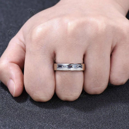 Baguette Alexandrite Mens Wedding Band 6mm White Gold Two Row Moissanite Mens Gemstone Ring Anniversary Gift for Him Husband Promise Band