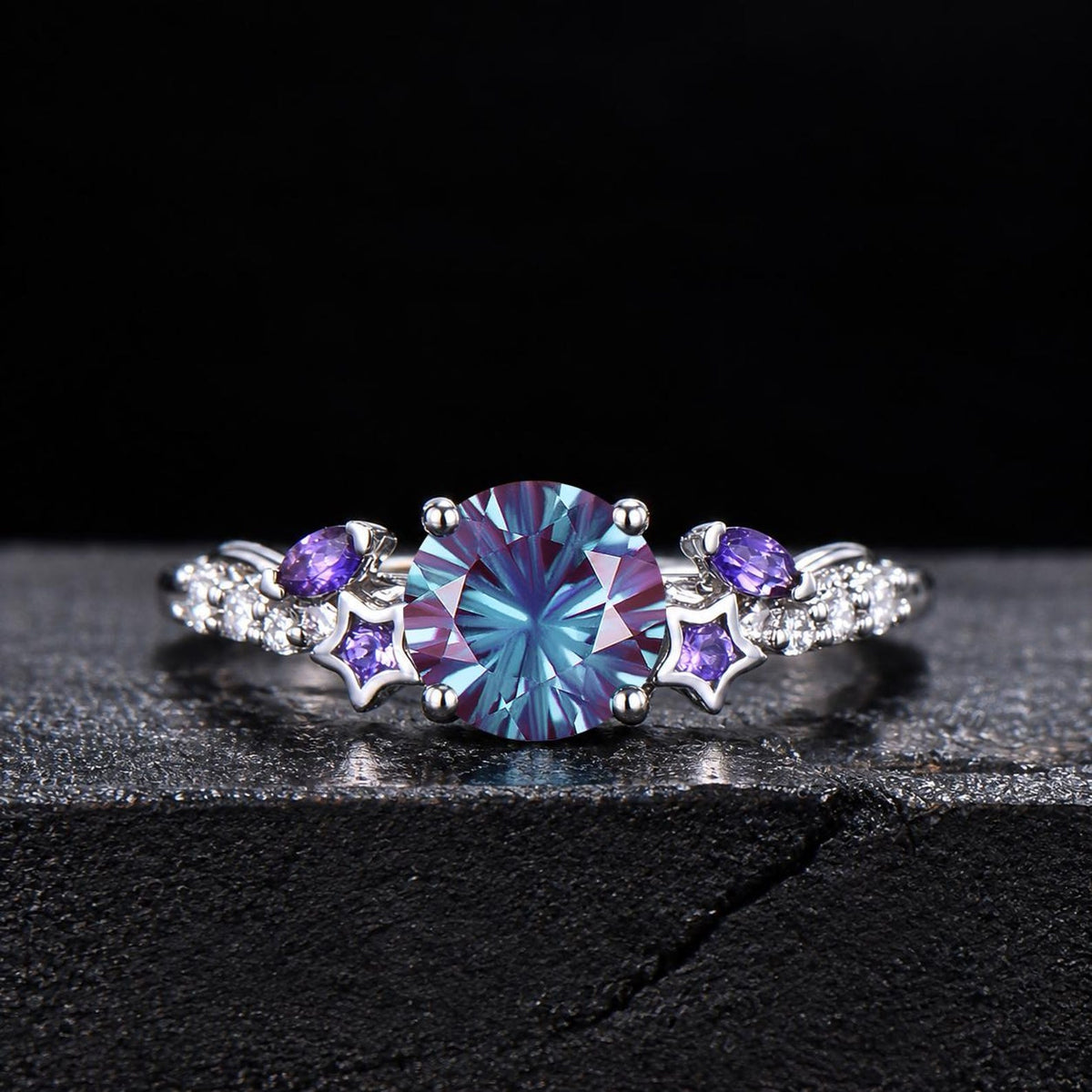 6.5mm Round Fireworks Cut Alexandrite Bridal Ring Set Waxing Crescent Moon Star Amethyst Silver Engagement Ring Color-Change Ring Women Gift
