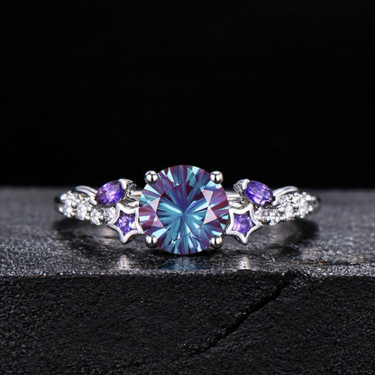 6.5mm Round Fireworks Cut Alexandrite Bridal Ring Set Waxing Crescent Moon Star Amethyst Silver Engagement Ring Color-Change Ring Women Gift