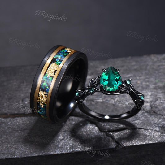2pcs Pear Green Emerald Couple Set Gothic Black Gold Leaf Vine His and Hers Wedding Ring Nature Inspired Promise Ring Tungsten Matching Band