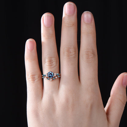 Unique June Birthstone Hexagon Cut Alexandrite Engagement Ring Set Moissanite Seven Stone Ring 14k Rose Gold 2pcs Bridal Ring Set Women