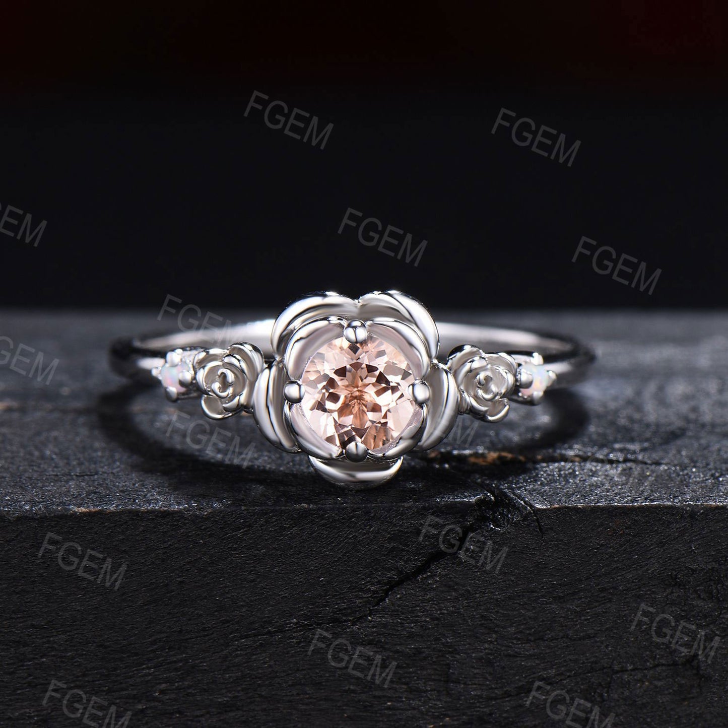 Rose Flower Engagement Ring 5mm Round Natural Peach Morganite Wedding Ring Rose Gold Floral Morganite Opal Ring Nature Inspired Promise Ring