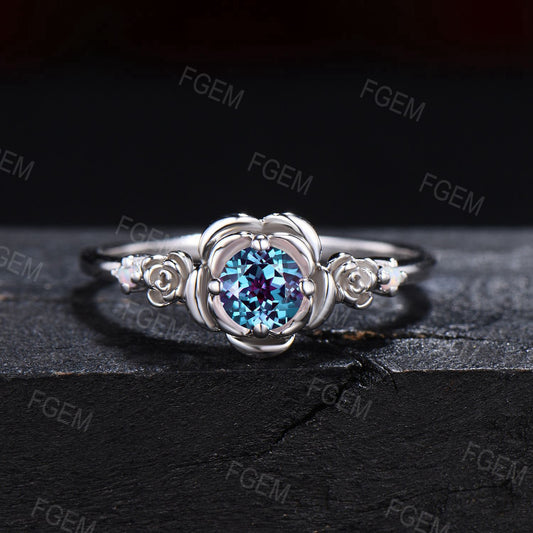 Rose Flower Alexandrite Engagement Rings Round Color-Change Alexandrite Ring 10K White Gold Nature Inspired Vintage Floral Opal Wedding Ring