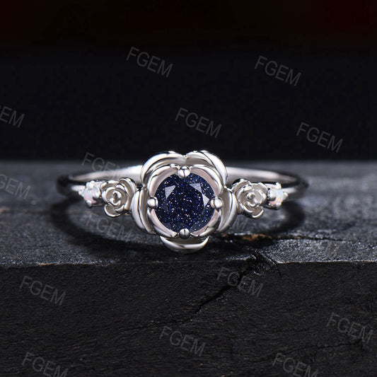 Floral Engagement Ring 5mm Round Galaxy Blue Sandstone Wedding Ring Solid White Gold Rose Flower Blue Goldstone Bridal Ring Proposal Gift