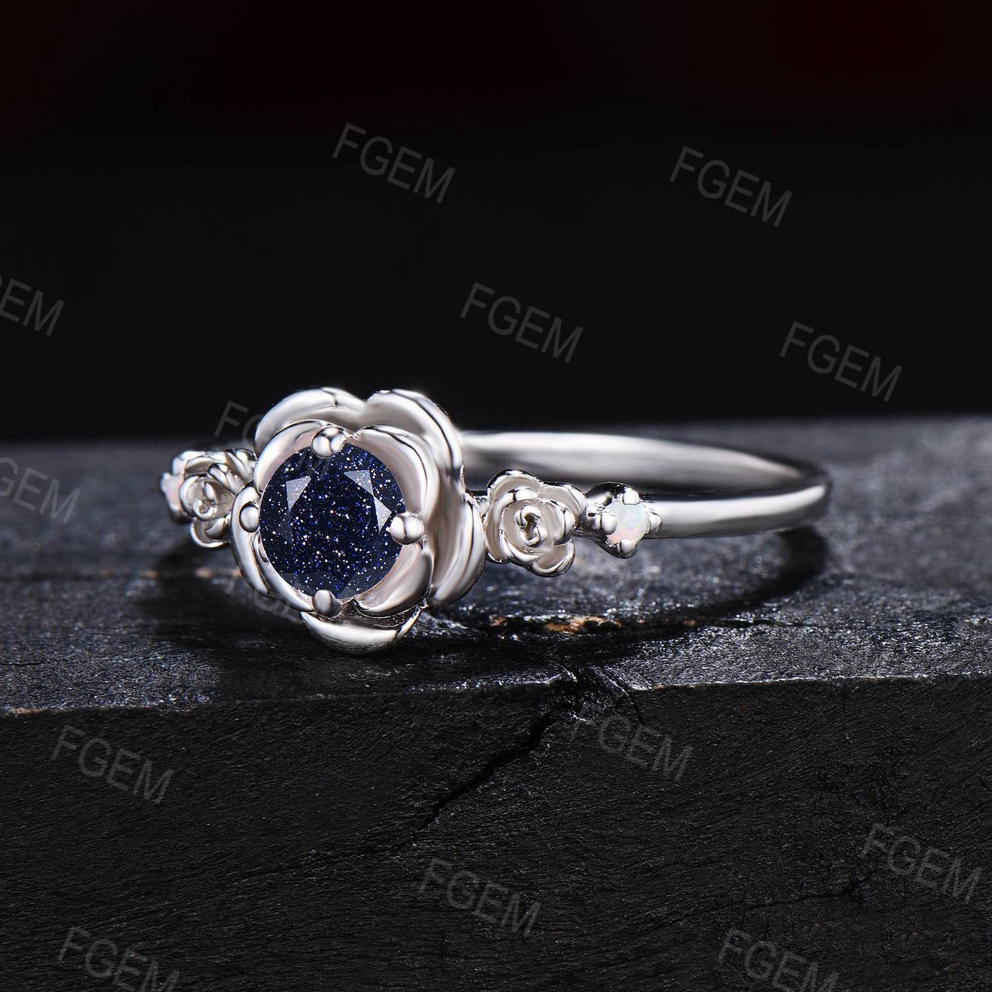 Floral Engagement Ring 5mm Round Galaxy Blue Sandstone Wedding Ring Solid White Gold Rose Flower Blue Goldstone Bridal Ring Proposal Gift