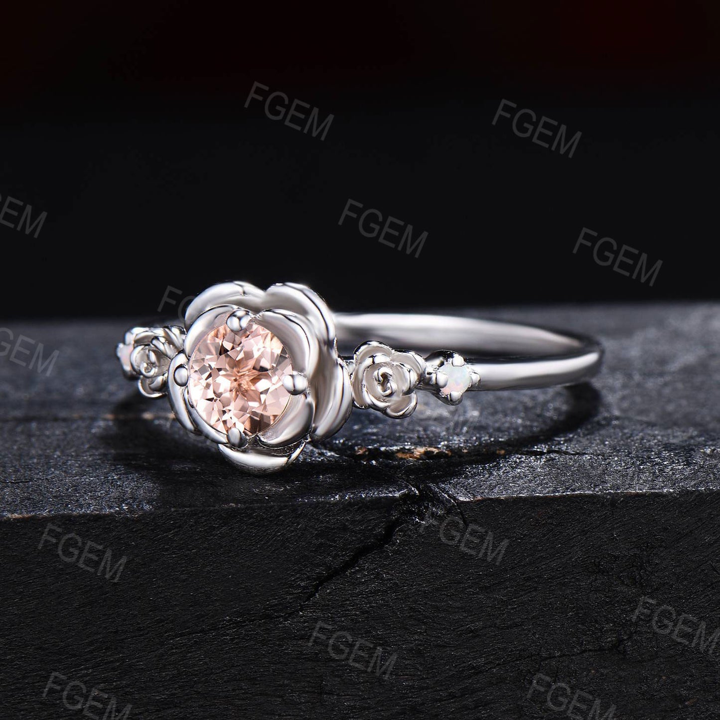 Rose Flower Engagement Ring 5mm Round Natural Peach Morganite Wedding Ring Rose Gold Floral Morganite Opal Ring Nature Inspired Promise Ring