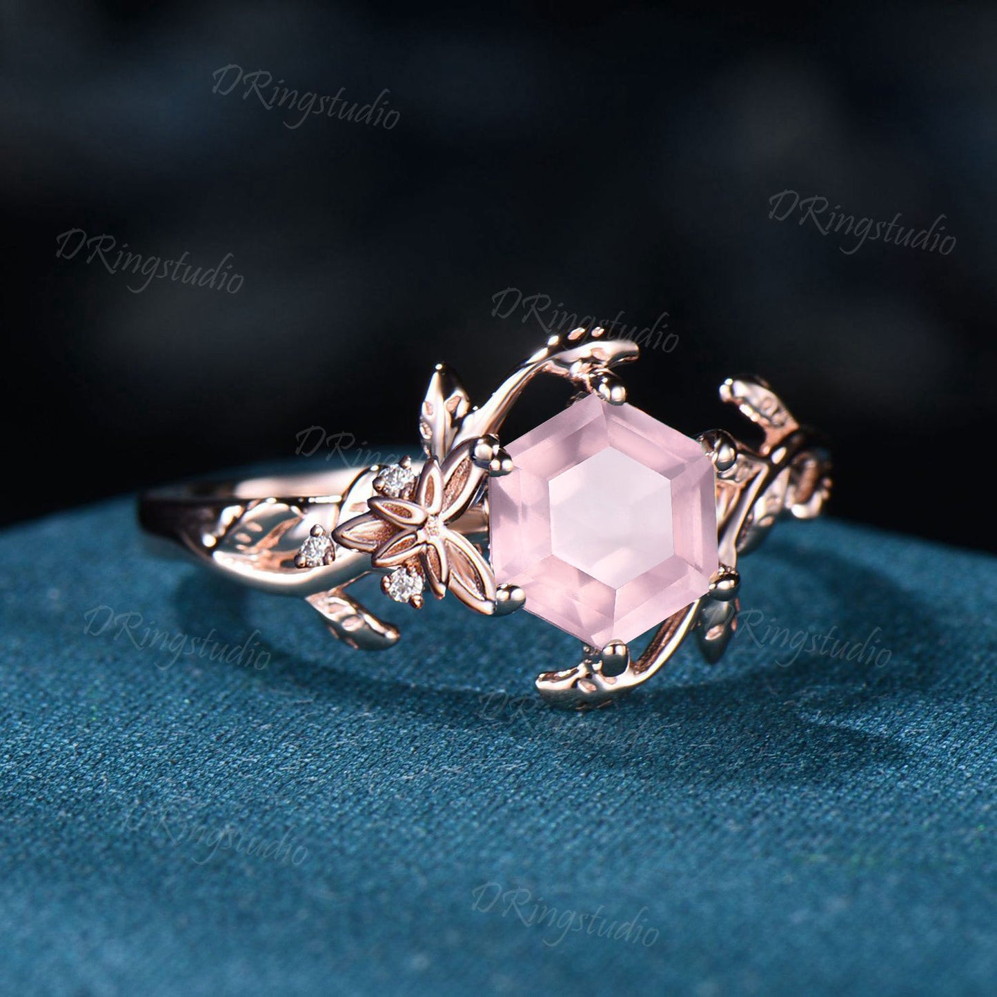 Branch Leaf Ring Celtic Natural Rose Quartz Engagement Ring Trinity Knot Hexagon Rose Quartz Wedding Ring Pink Crystal Ring Anniversary Gift
