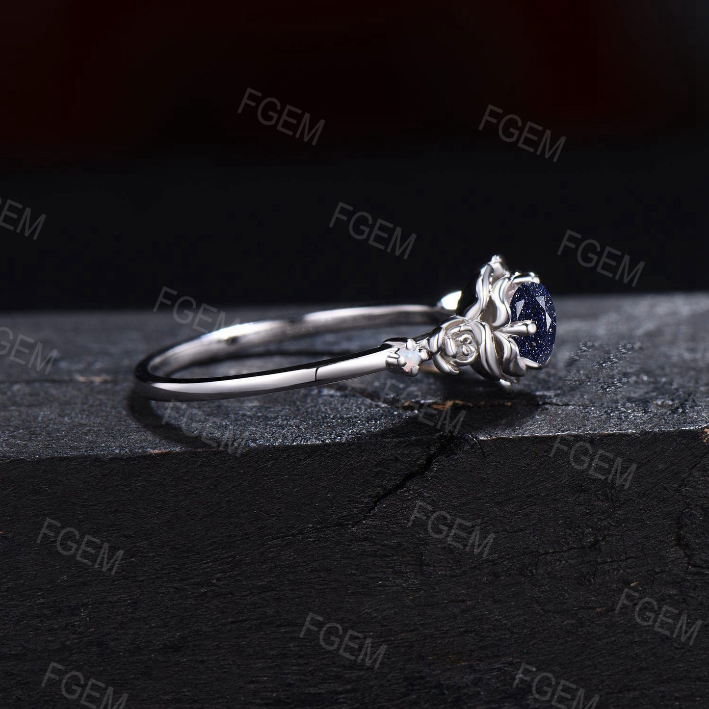 Floral Engagement Ring 5mm Round Galaxy Blue Sandstone Wedding Ring Solid White Gold Rose Flower Blue Goldstone Bridal Ring Proposal Gift